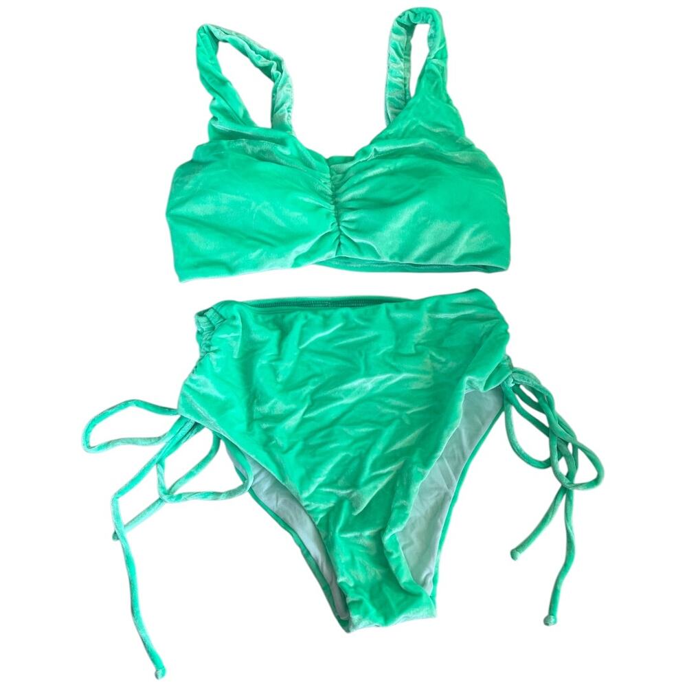 RAD Polewear neon green velvet set bra high waisted tie side bottoms Medium